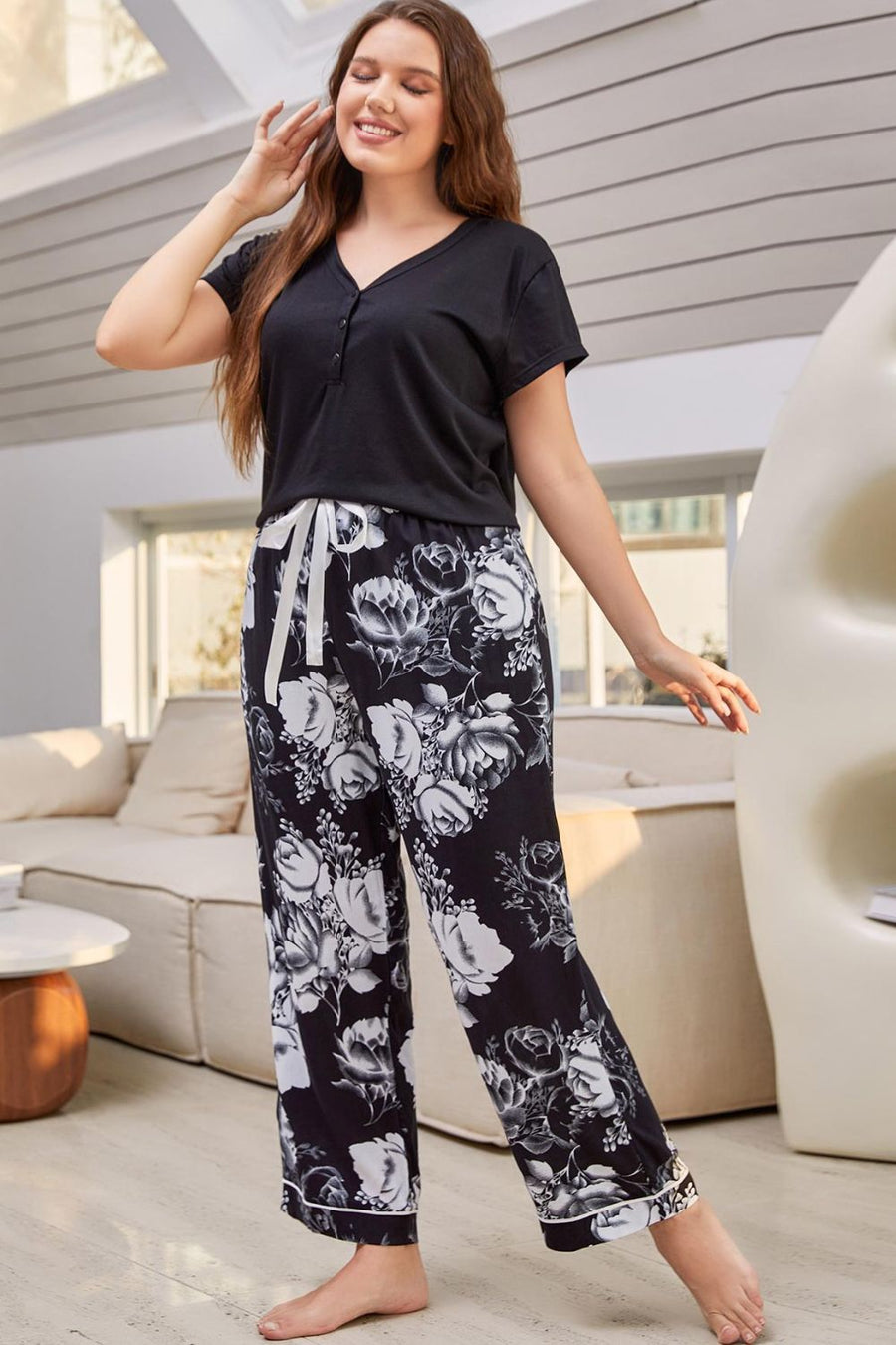 Top and Floral Pants Lounge Set